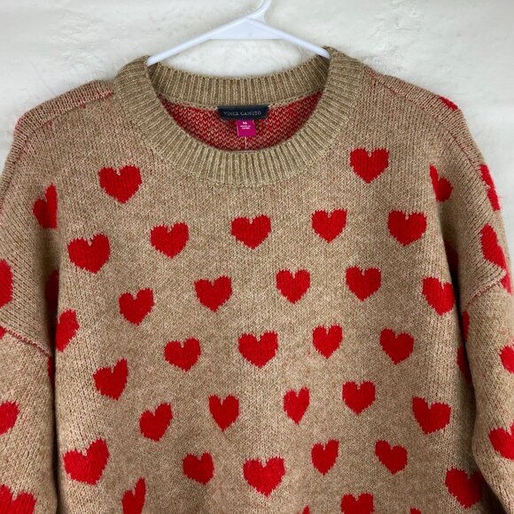 NWT Vince Camuto Crew Neck Sweater Heart Red Tan Size Medium $79 Long Sleeve - Picture 2 of 7